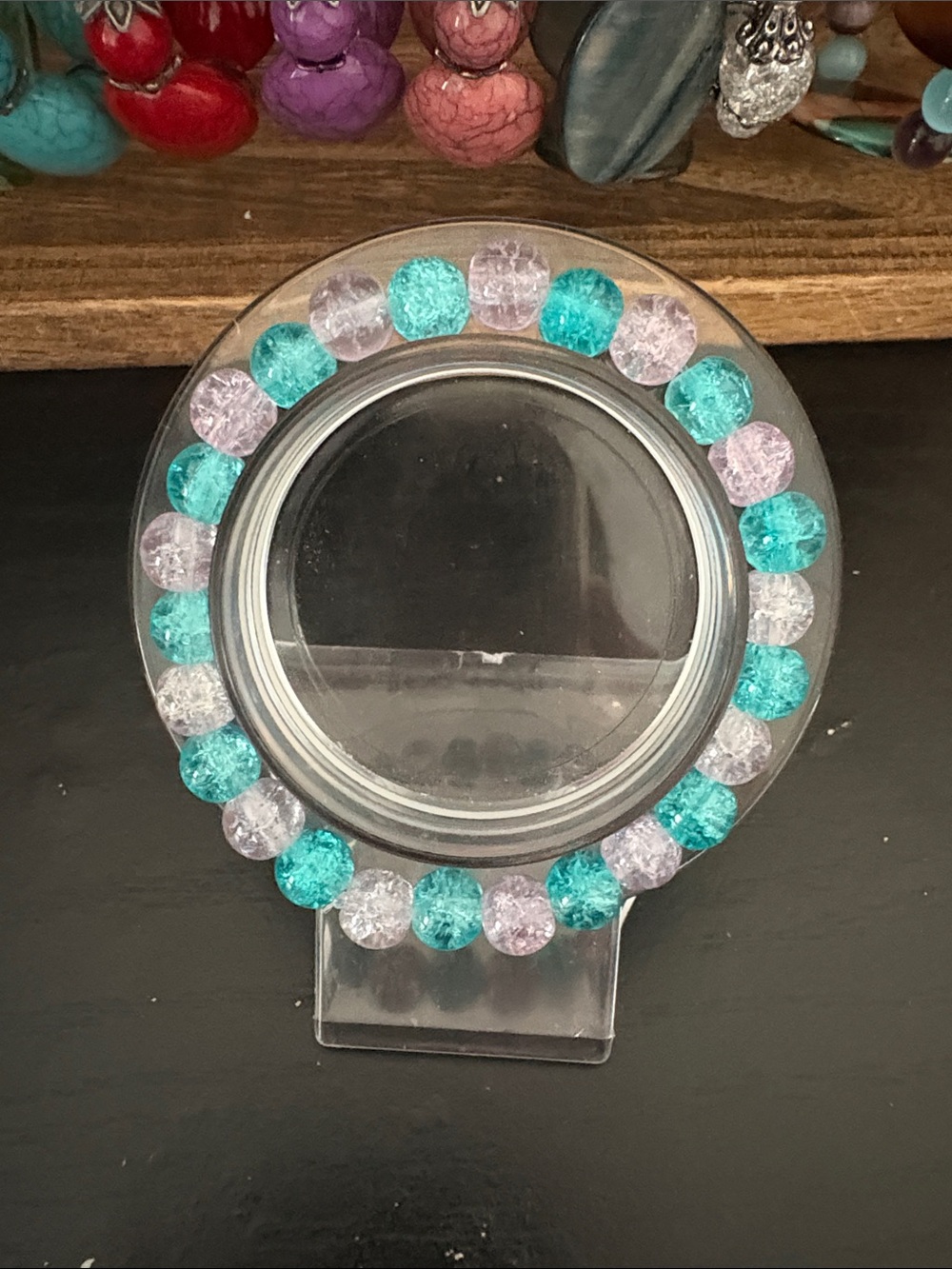 Handcrafted light blue and light pink glass beaded bracelet